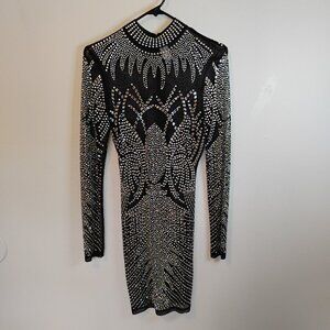 Banjul party bling rhinestone black cocktail mini dress stretch size S